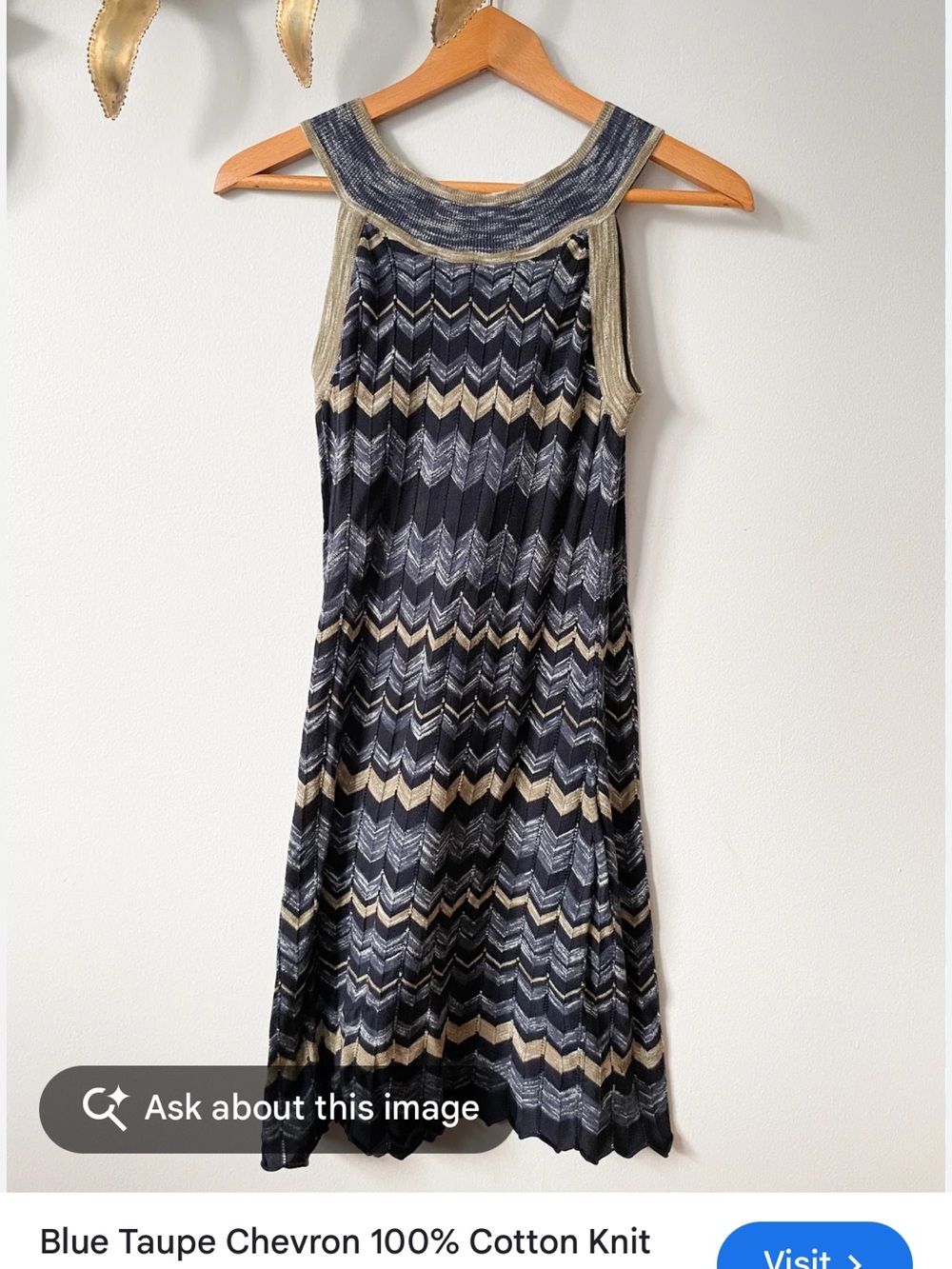 Autumn Cashmere Navy and Olive Green Chevron Knit Mini Sleeveless Dress | Medium